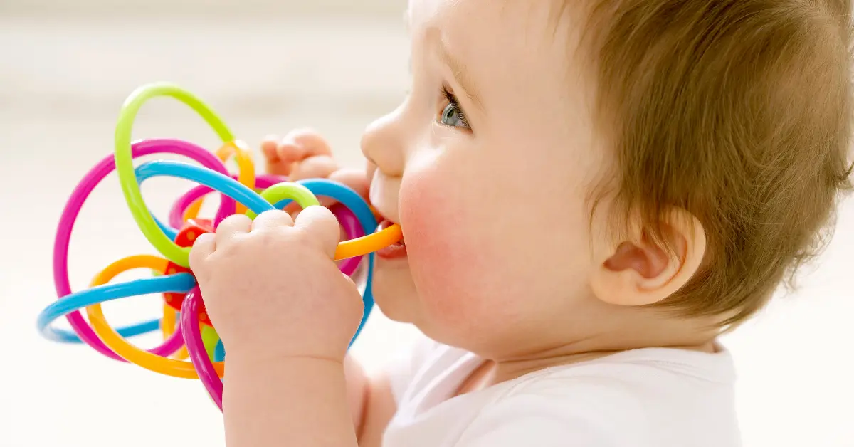 Baby having teething toy in his mouth